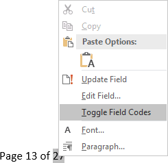 Toggle Field Codes in Word 2016