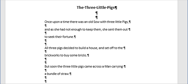 Example of paragraph symbols for every line in Word 365