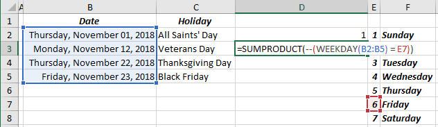 SUMPRODUCT formula in Excel 2016