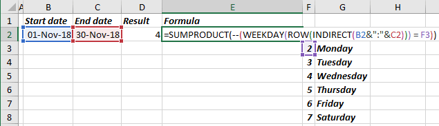 SUMPRODUCT formula in Excel 2016