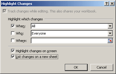 Highlight Changes dialog in Excel 2007