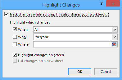 Highlight Changes dialog in Excel 2013