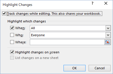 Highlight Changes dialog in Excel 2016