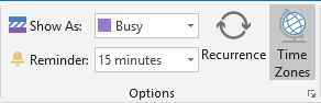 Time Zones button in Outlook 2016