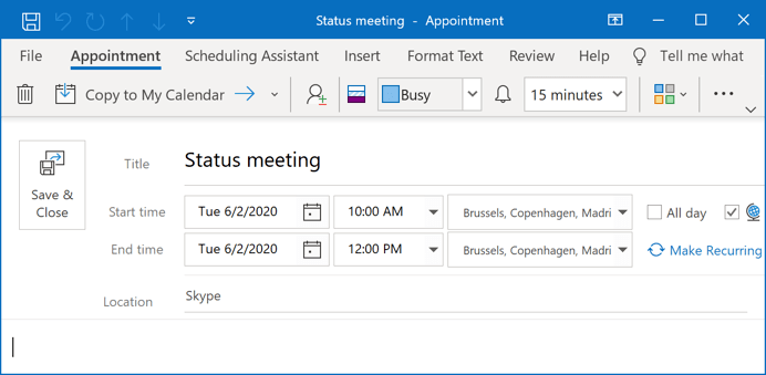 Added Time Zones for a meeting in Outlook 365