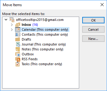 Move -> Other Folder in the popup menu Outlook 2016