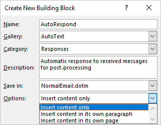 Options in Create New Building Block Outlook 365