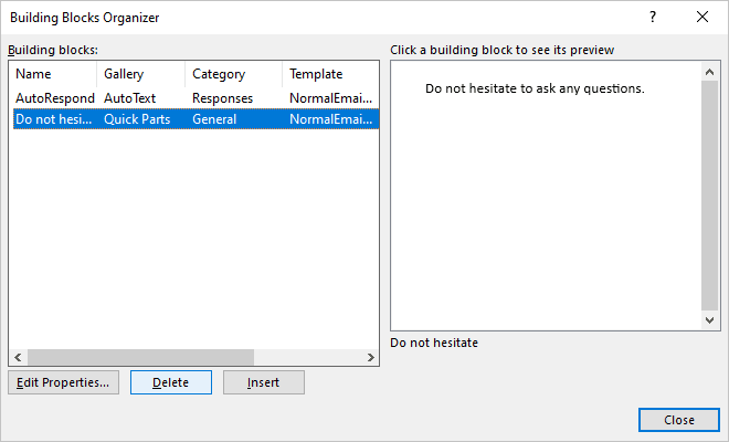 Delete in Building Blocks Organizer Outlook for Microsoft 365 Delete in Building Blocks Organizer Outlook 365