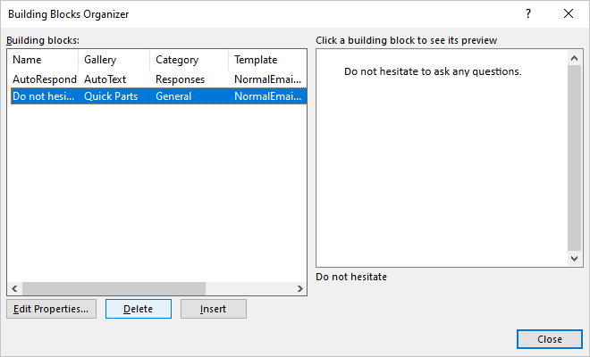 Delete in Building Blocks Organizer Outlook 365