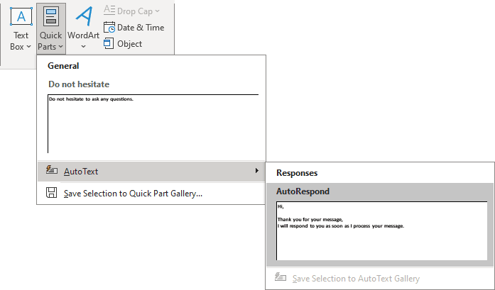 AutoText in the Gallery Outlook 365