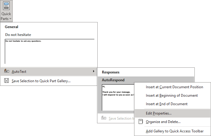 AutoText Edit Properties in Outlook 365