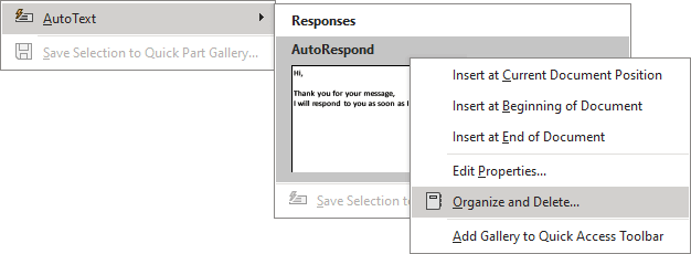 Organize and Delete AutoText in Outlook 365