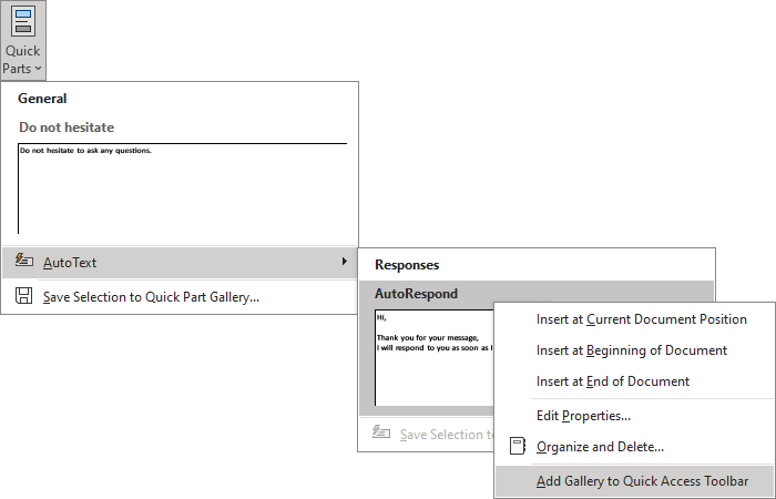 AutoText in Quick Access Toolbar Outlook 365