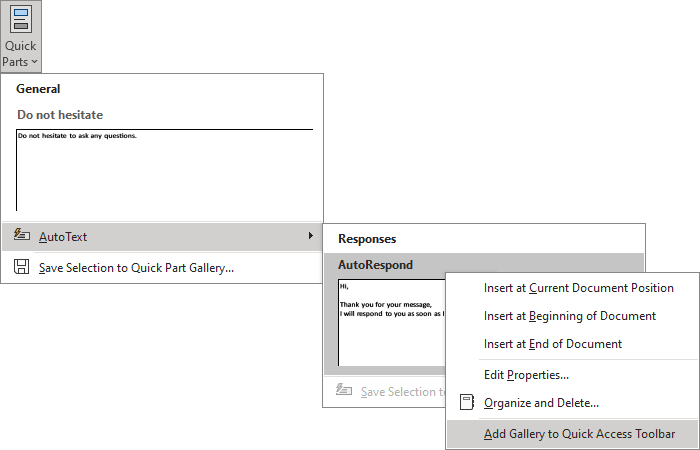 AutoText in Quick Access Toolbar Outlook for Microsoft 365 AutoText in Quick Access Toolbar Outlook 365