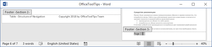 Footers for different sections 2 in Word 2016 Footers for different sections 2 in Word 2016