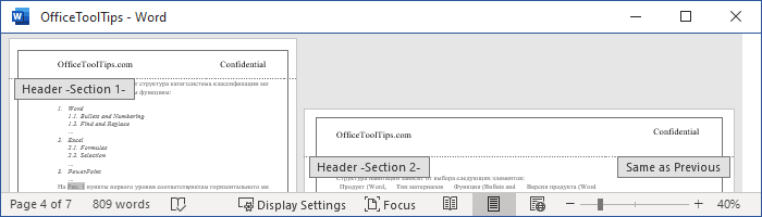 Different sections in one document Word 365