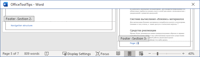 Footers for different sections 2 in Word 365
