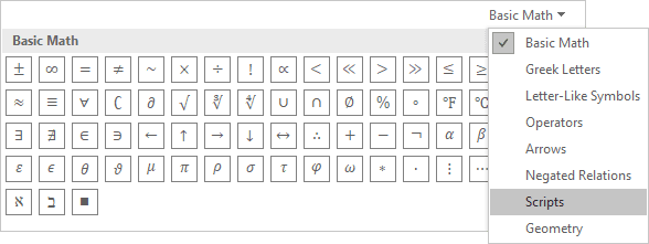 Scripts in equations Word 2016