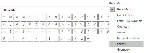 Scripts in equations Word 365