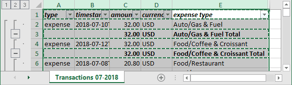 Selected subtotals in Excel 2016