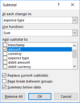 Subtotal dialog box in Excel 2016