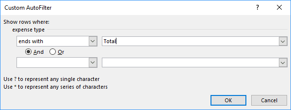 Custom AutoFilter in Excel 2016