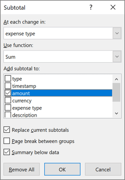 Subtotal dialog box in Excel for Microsoft 365