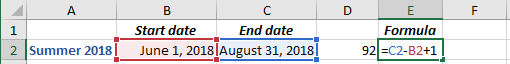 Number of days in summer 2018 in Excel 2016 Number of days in summer 2018 in Excel 2016