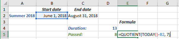 Number of complete weeks passed from some date in Excel 2016