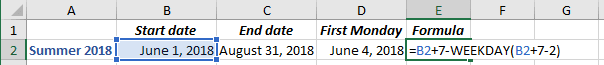 Next Monday in Excel 2016