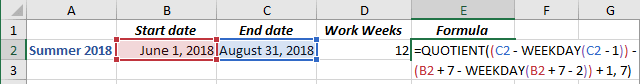 Number of work weeks between two dates in Excel 2016