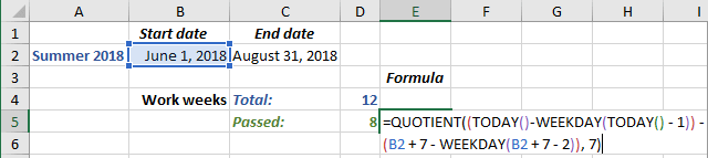 Number of work weeks passed from some date in Excel 365