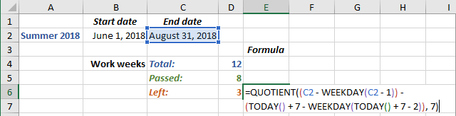 Number of work weeks left to some date in Excel 2016