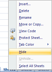 Hide spreadsheet in Excel 2007