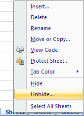 Unhide spreadsheet in Excel 2007