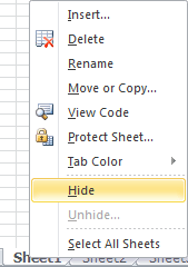 Hide spreadsheet in Excel 2010
