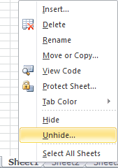 Unhide spreadsheet in Excel 2010