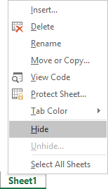 Hide spreadsheet in Excel 2016