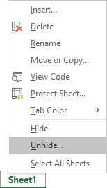 Unhide spreadsheet in Excel 2016