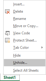 Unhide spreadsheet in Excel 2016 Unhide spreadsheet in Excel 2016