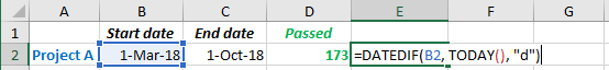 Number of days passed from some date in Excel 2016