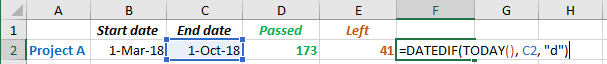 Number of days left to some date in Excel 2016