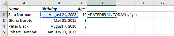 Number of complete years in the period in Excel 2016