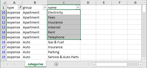 Example of spreadsheet in Excel 2016