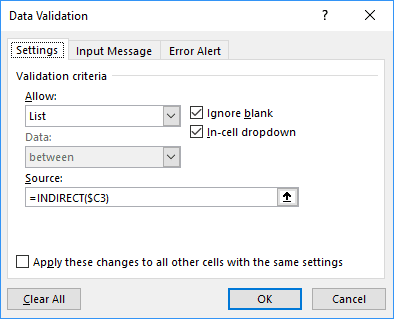 Data Validation for dependent list in Excel 2016