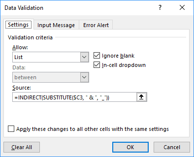 Data Validation with substitute in Excel 2016 Data Validation with substitute in Excel 2016