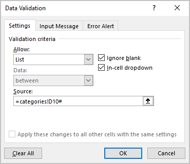 Data Validation settings in Excel 365