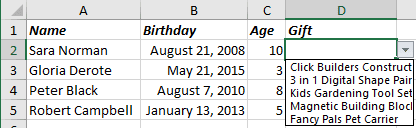 Example of computed drop-down list in Excel 2016