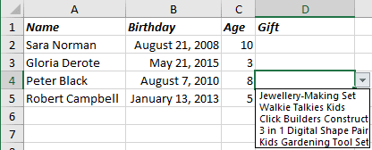 Example of a computable drop-list in Excel 365