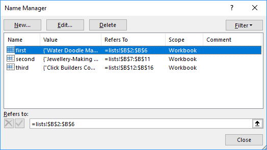 Example of named ranges in Excel 2016